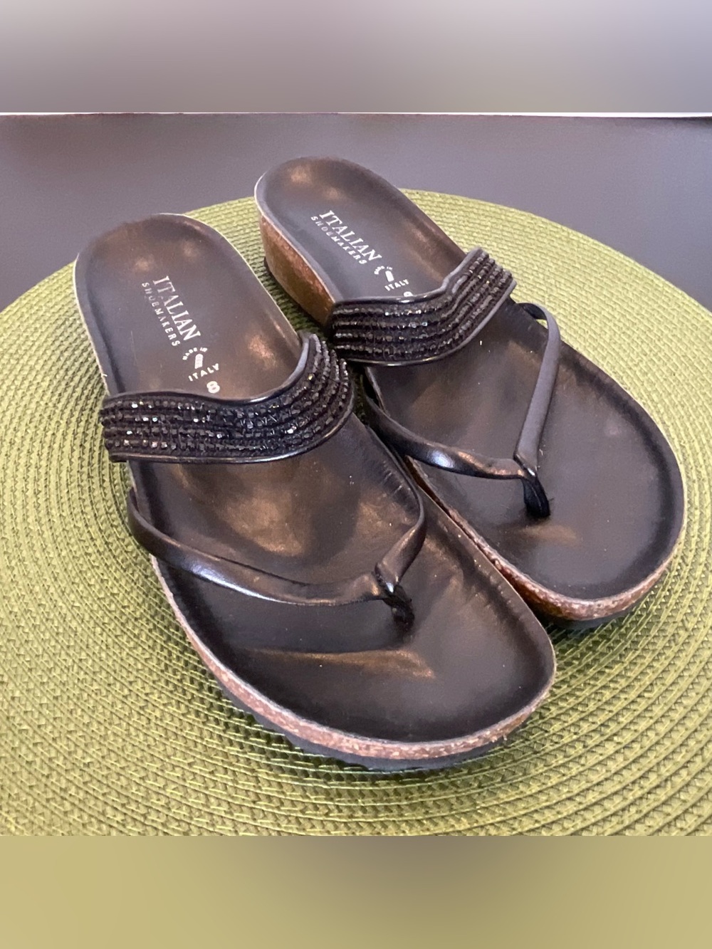 Italian Shoemakers Black Beaded Wedge Thong Sandals with Cork heels Size 8